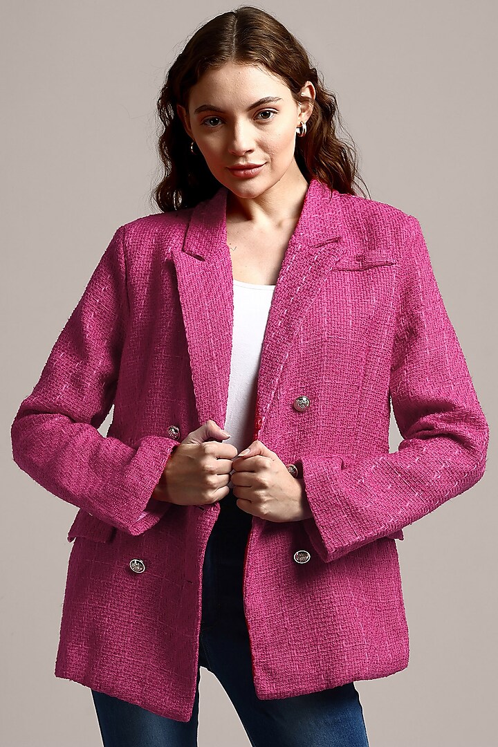 Pink Tweed Double Breasted Blazer by IKI CHIC