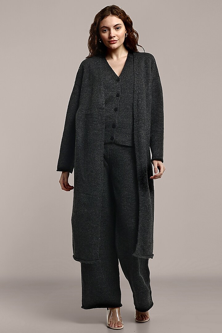 Dark Grey Woolen Knitted Cape Set by IKI CHIC