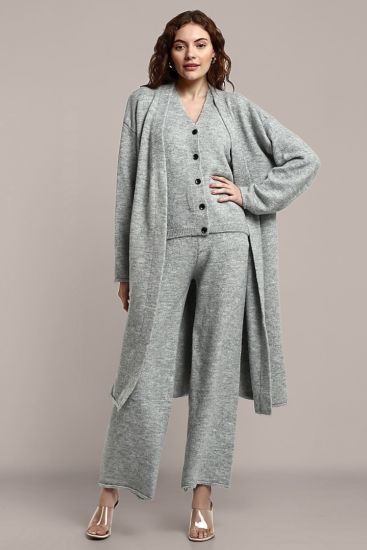 Light Grey Cotton Wool Hooded Jacket Set by IKI CHIC