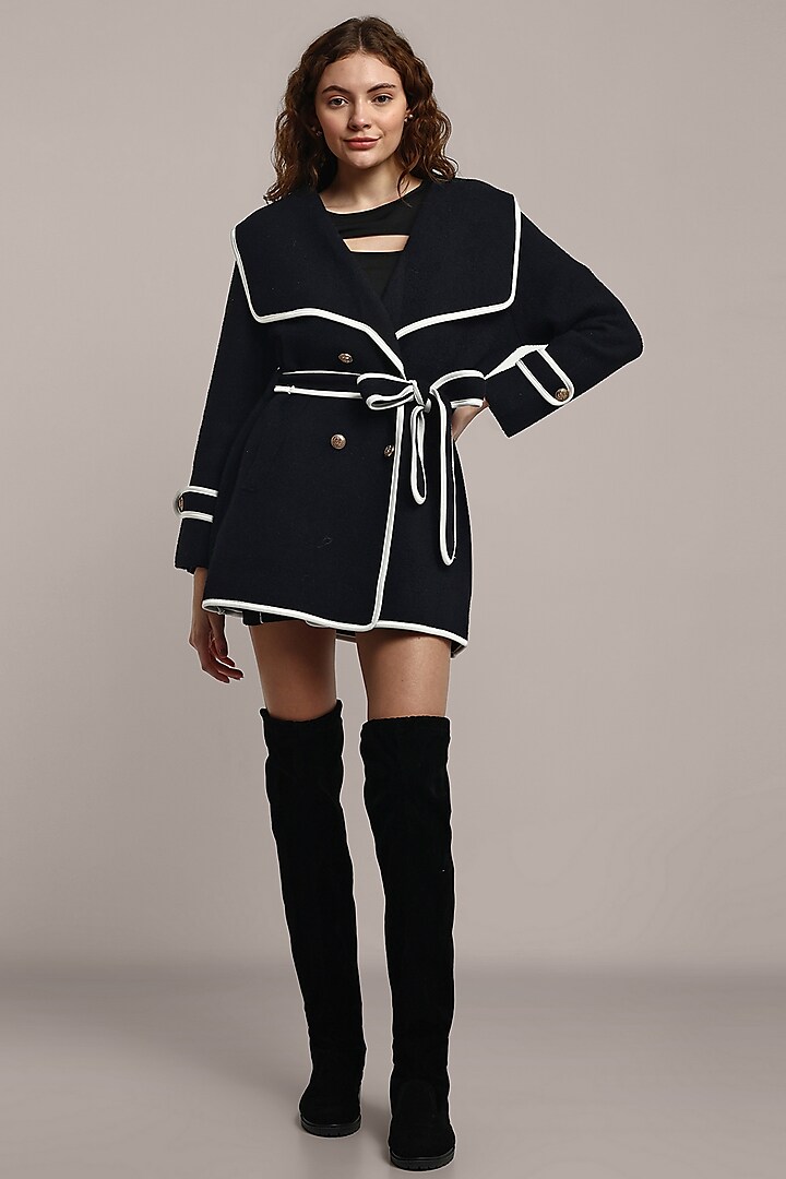 Black Woolen Coat With Belt by IKI CHIC