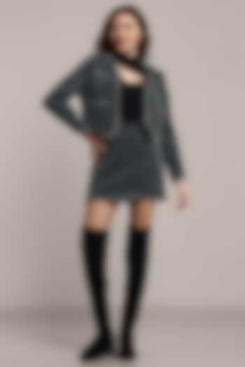 Grey Woolen Tweed Jacket Set by IKI CHIC
