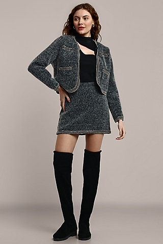 Grey Woolen Tweed Jacket Set by IKI CHIC