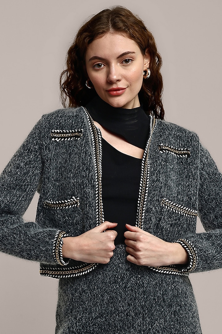 Grey Woolen Tweed Jacket Set by IKI CHIC at Pernia's Pop Up Shop