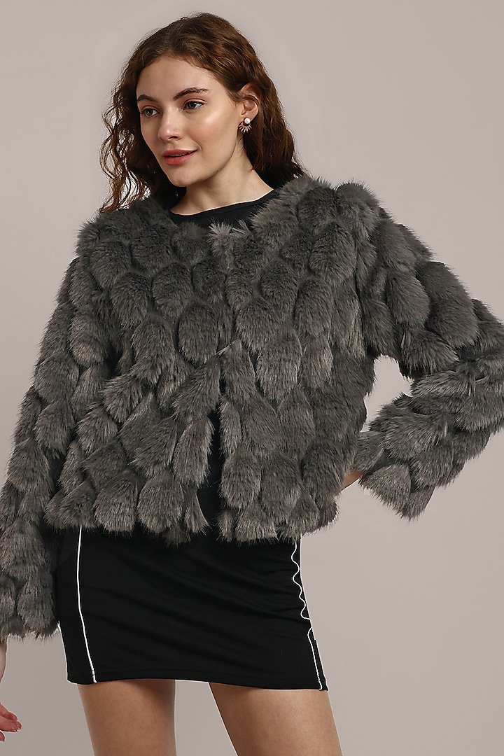 Grey Faux Fur Jacket by IKI CHIC