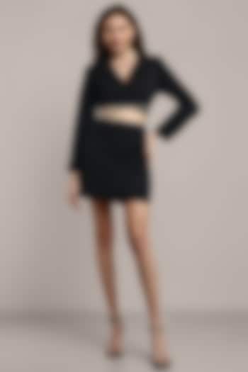 Black Polyester & Cotton Embellished Mini Bodycon Blazer Dress by IKI CHIC