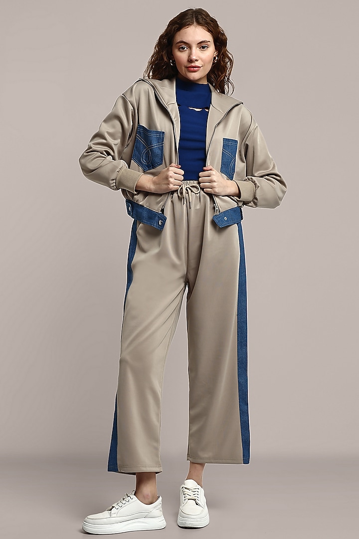 Beige Spandex & Polyester Jacket Set by IKI CHIC