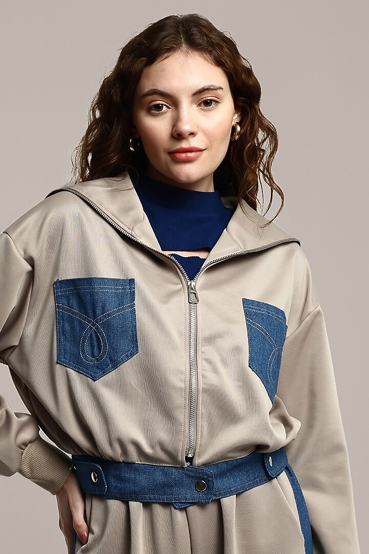 Beige Spandex & Polyester Jacket Set by IKI CHIC at Pernia's Pop Up Shop