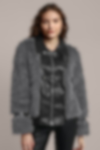 Black PU Leather Fur Embellished Jacket by IKI CHIC