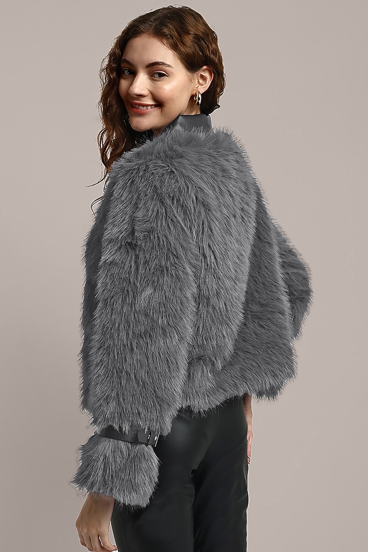 Black PU Leather Fur Embellished Jacket by IKI CHIC at Pernia's Pop Up Shop