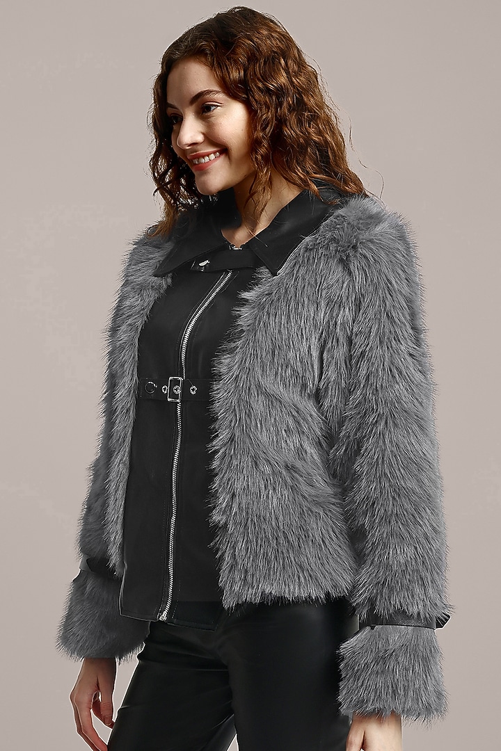 Black PU Leather Fur Embellished Jacket by IKI CHIC at Pernia's Pop Up Shop