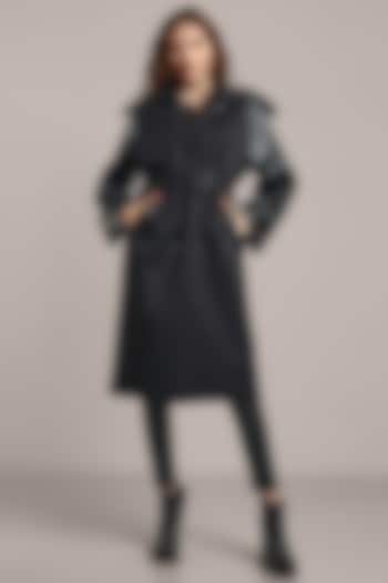 Black Cotton Canvas & Leather Oversized Trench Coat by IKI CHIC