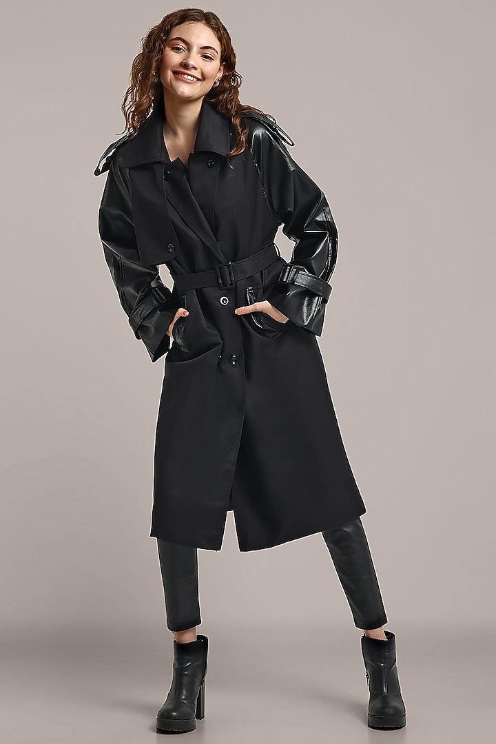 Black Cotton Canvas & Leather Oversized Trench Coat by IKI CHIC at Pernia's Pop Up Shop