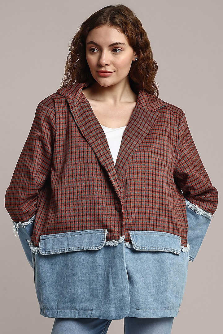 Brown & Blue Cotton Denim & Polyester Oversized Blazer by IKI CHIC