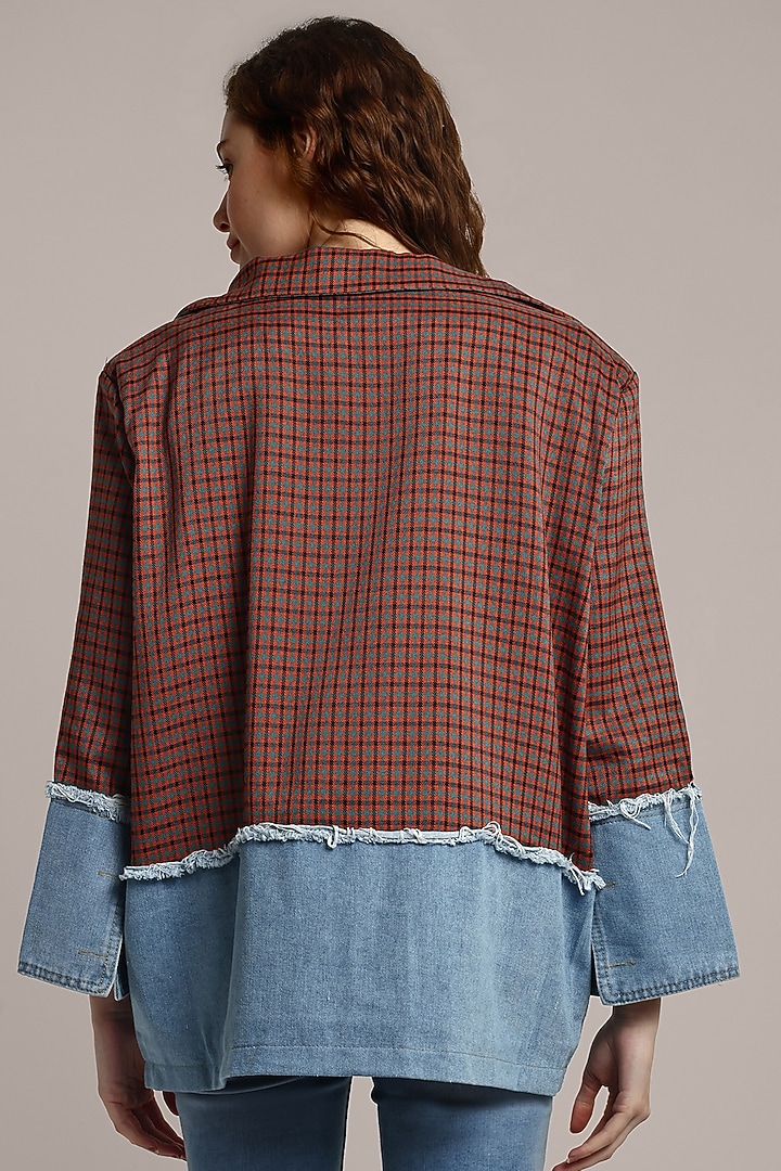 Brown & Blue Cotton Denim & Polyester Oversized Blazer by IKI CHIC at Pernia's Pop Up Shop