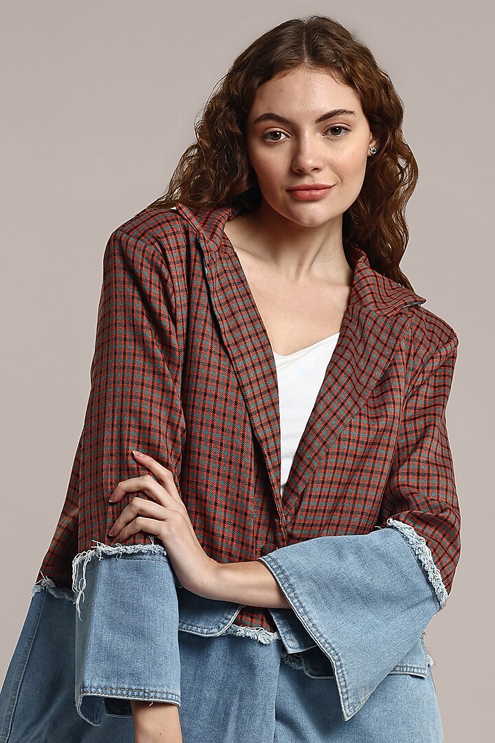 Brown & Blue Cotton Denim & Polyester Oversized Blazer by IKI CHIC at Pernia's Pop Up Shop