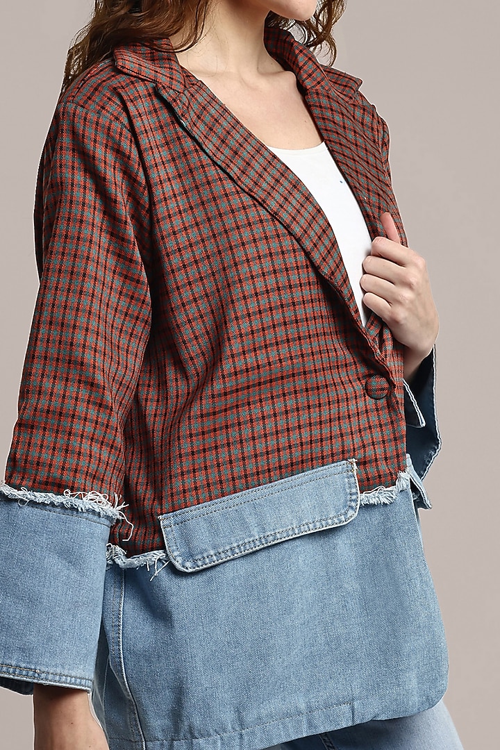 Brown & Blue Cotton Denim & Polyester Oversized Blazer by IKI CHIC at Pernia's Pop Up Shop