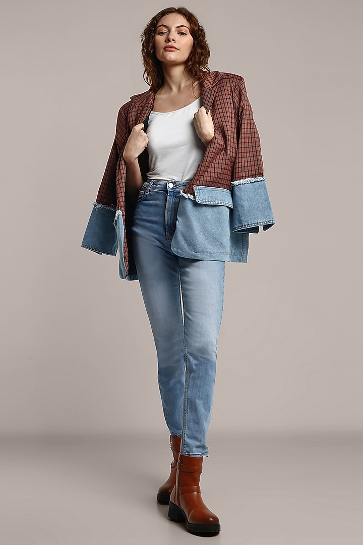 Brown & Blue Cotton Denim & Polyester Oversized Blazer by IKI CHIC at Pernia's Pop Up Shop