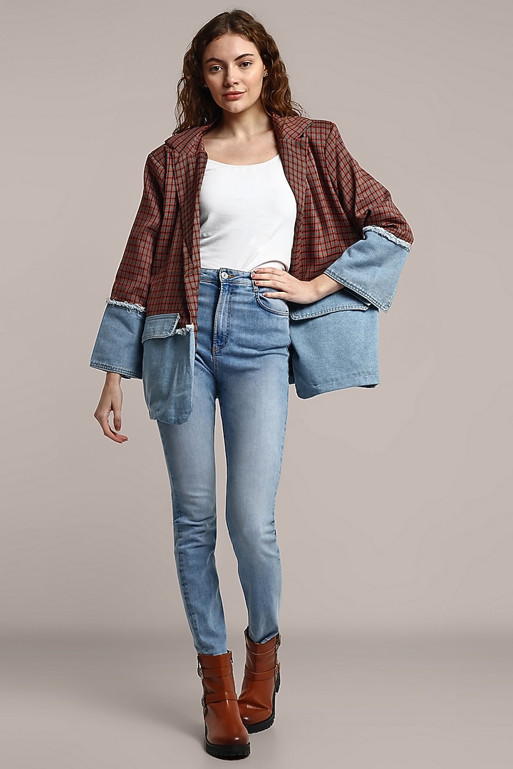 Brown & Blue Cotton Denim & Polyester Oversized Blazer by IKI CHIC at Pernia's Pop Up Shop
