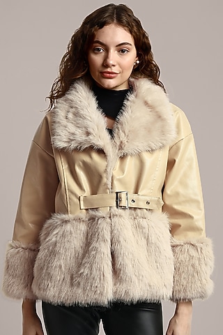 Beige PU Leather Embellished Jacket by IKI CHIC