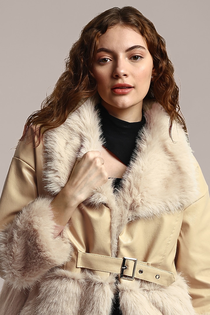 Beige PU Leather Embellished Jacket by IKI CHIC at Pernia's Pop Up Shop