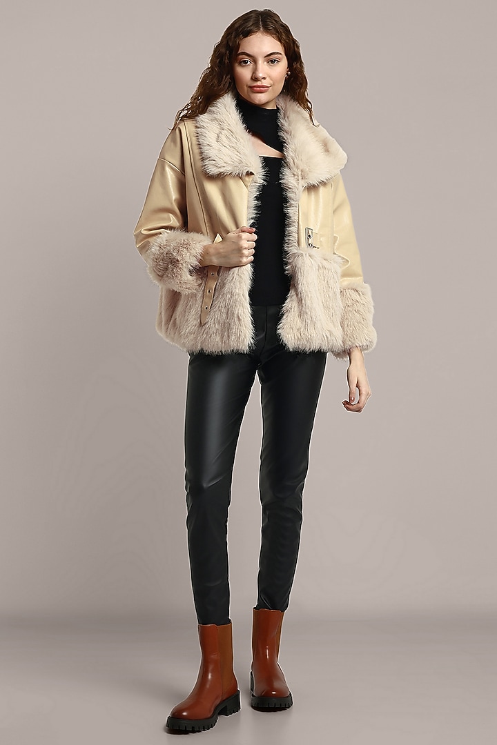 Beige PU Leather Embellished Jacket by IKI CHIC at Pernia's Pop Up Shop