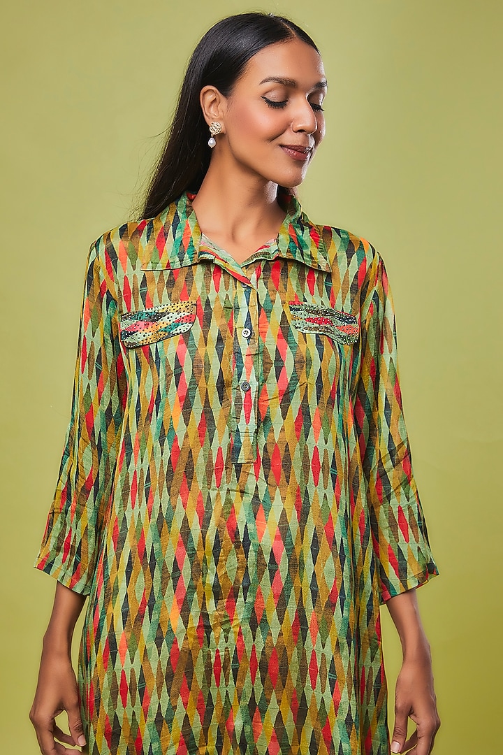 Green Viscose Modal Digital Printed Tunic Shirt by IKSANA at Pernia's Pop Up Shop