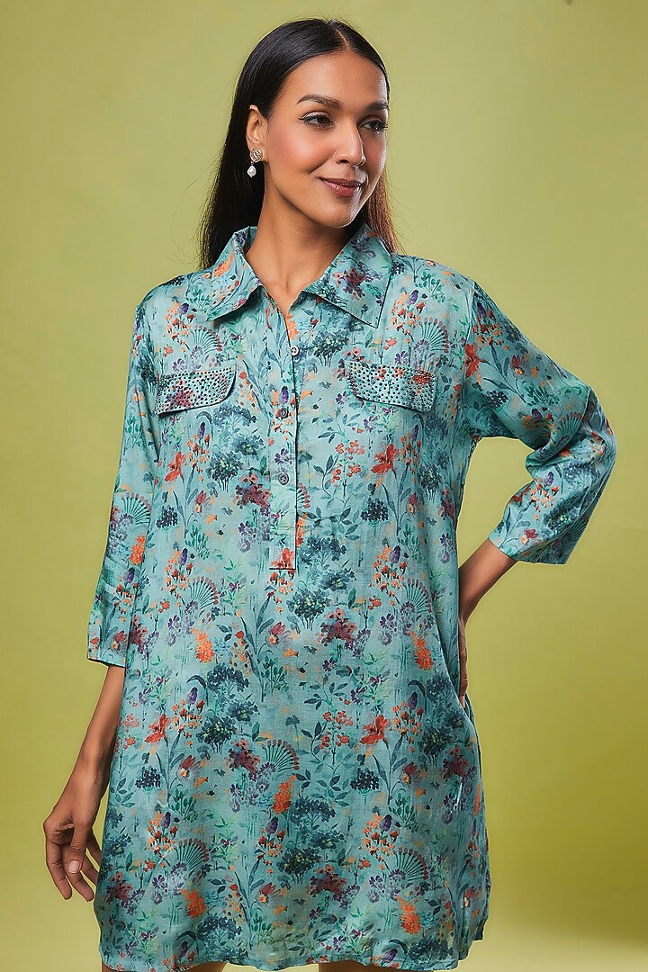 Blue Viscose Modal Digital Printed Tunic Shirt by IKSANA at Pernia's Pop Up Shop
