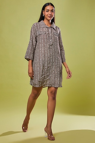 Grey Viscose Modal Hand Block Printed Tunic Shirt by IKSANA