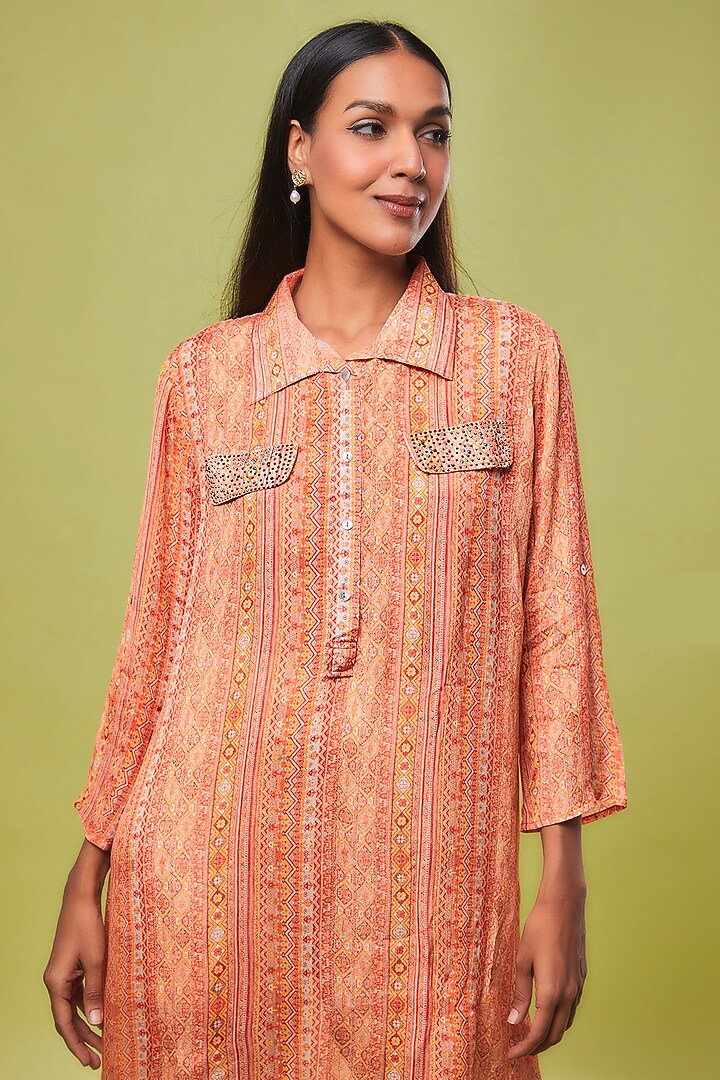 Peach Viscose Modal Digital Printed Tunic Shirt by IKSANA at Pernia's Pop Up Shop