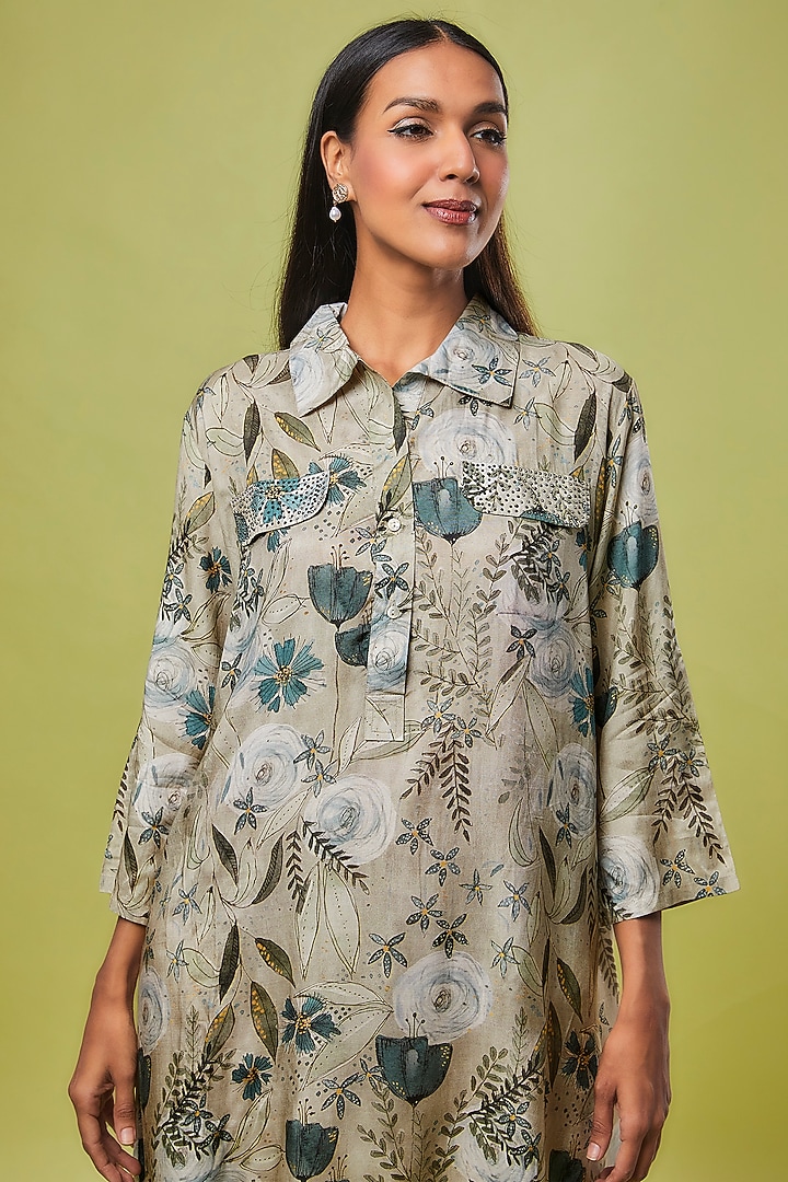 Green Viscose Modal Digital Printed Tunic Shirt by IKSANA at Pernia's Pop Up Shop