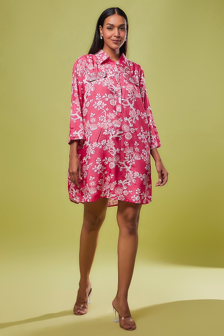 Pink Viscose Modal Digital Printed Tunic Shirt by IKSANA