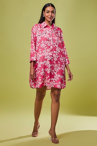 Pink Viscose Modal Digital Printed Tunic Shirt by IKSANA