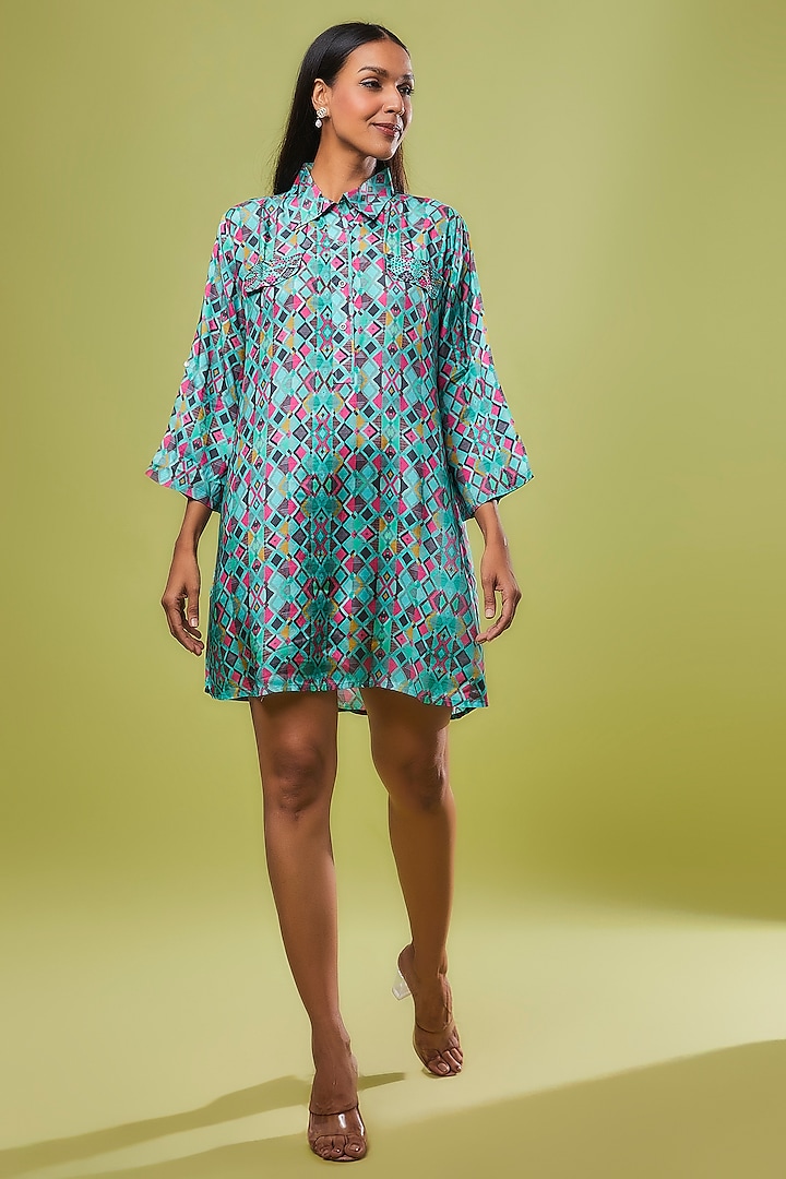 Blue Viscose Modal Digital Printed Tunic Shirt by IKSANA