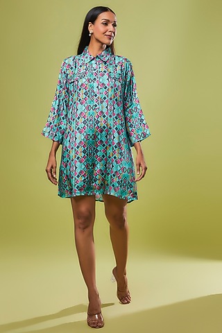 Blue Viscose Modal Digital Printed Tunic Shirt by IKSANA