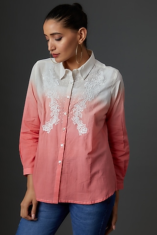 Pink Organic Cotton Embroidered Tie-Dye Shirt by IKSANA
