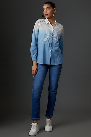 Blue Organic Cotton Embroidered Tie-Dye Shirt by IKSANA