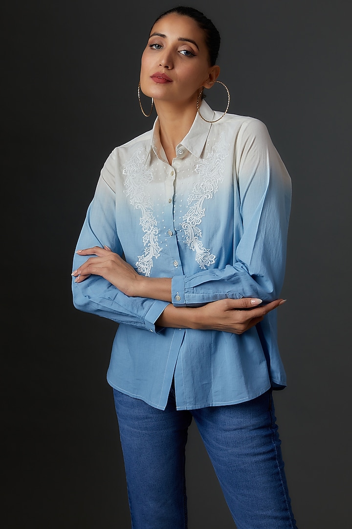 Blue Organic Cotton Embroidered Tie-Dye Shirt by IKSANA at Pernia's Pop Up Shop