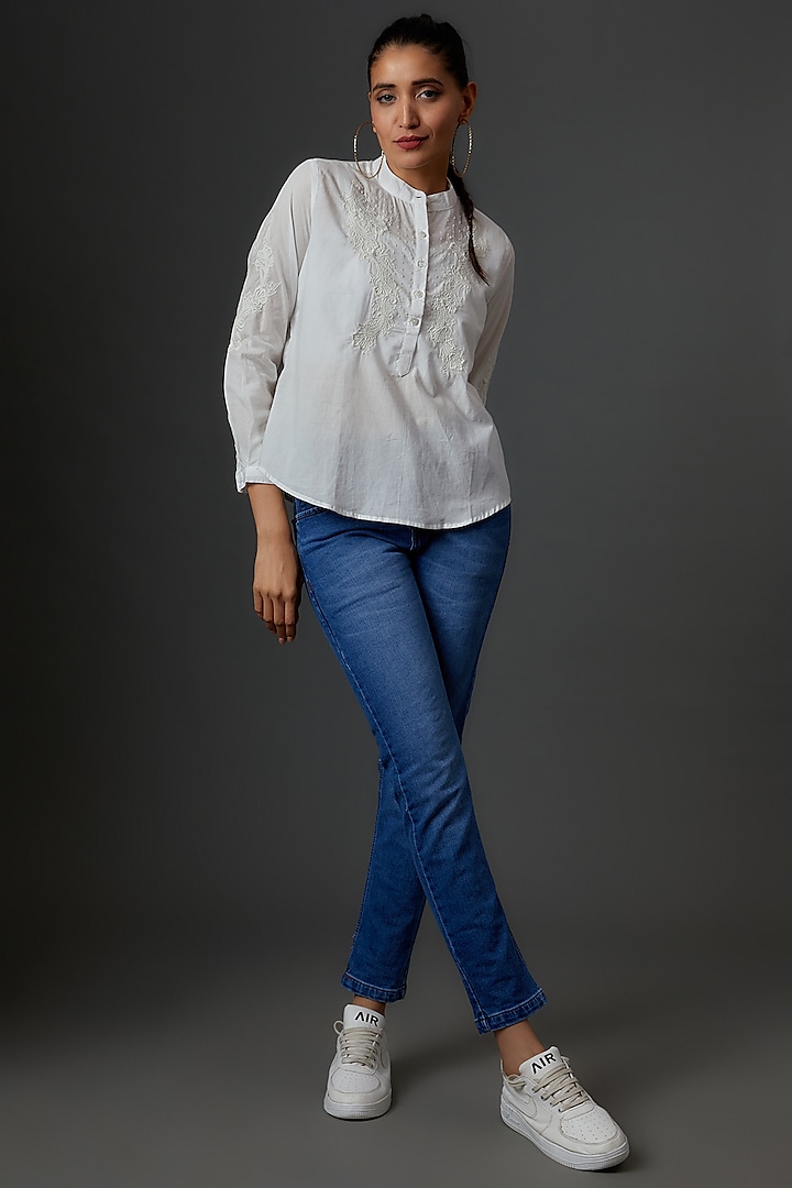 White Organic Cotton Embroidered Top by IKSANA