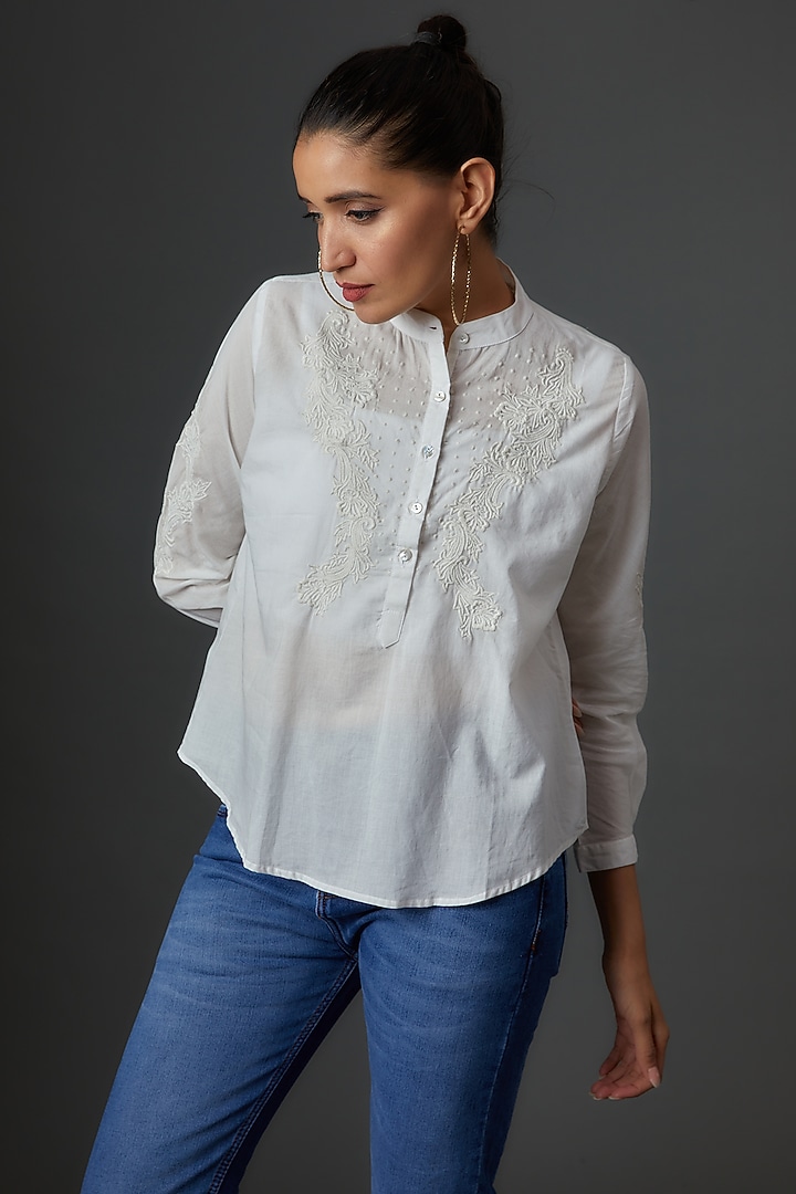 White Organic Cotton Embroidered Top by IKSANA at Pernia's Pop Up Shop