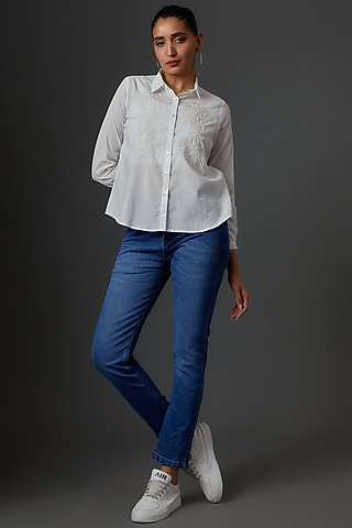 White Organic Cotton Embroidered Shirt by IKSANA