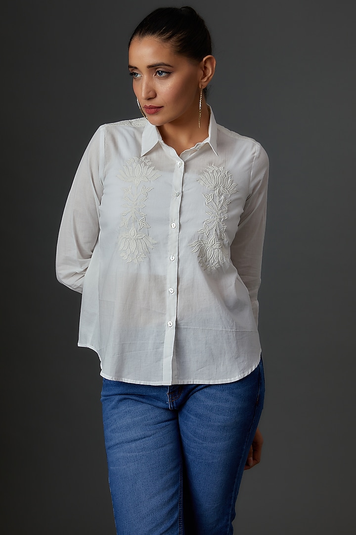 White Organic Cotton Embroidered Shirt by IKSANA at Pernia's Pop Up Shop