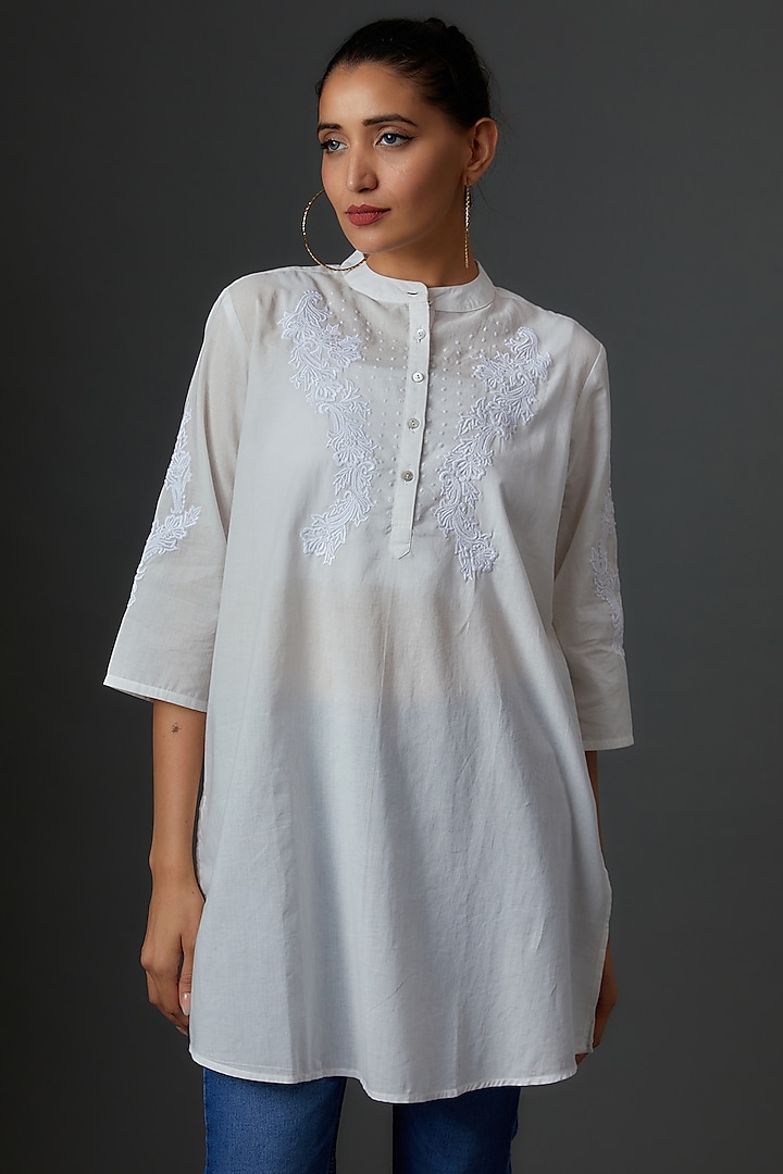 White Organic Cotton Embroidered Tunic by IKSANA