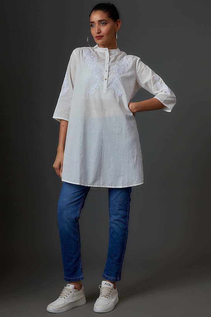 White Organic Cotton Embroidered Tunic by IKSANA at Pernia's Pop Up Shop