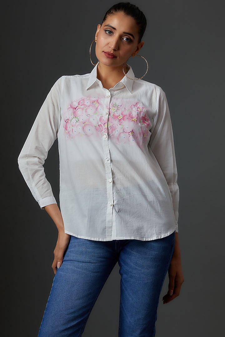 White Organic Cotton Hand Painted Shirt by IKSANA at Pernia's Pop Up Shop