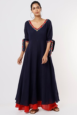 Navy Blue Embroidered Maxi Dress by IKSANA