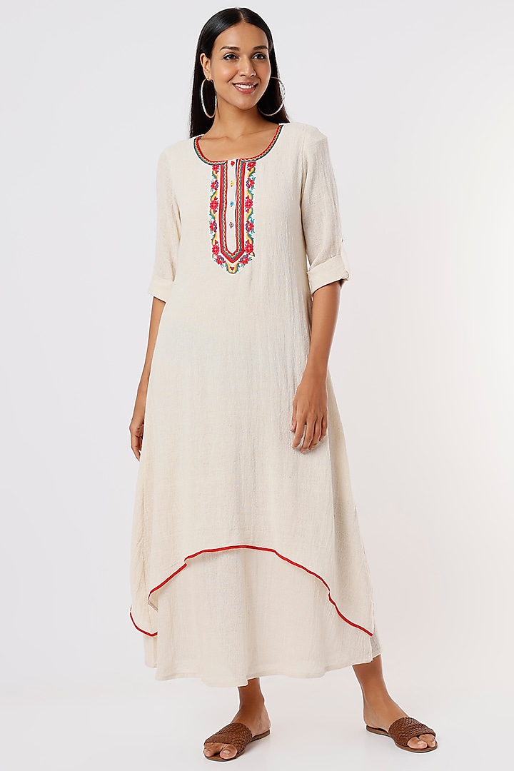 Ivory Embroidered Double-Layered Kurta Dress by IKSANA