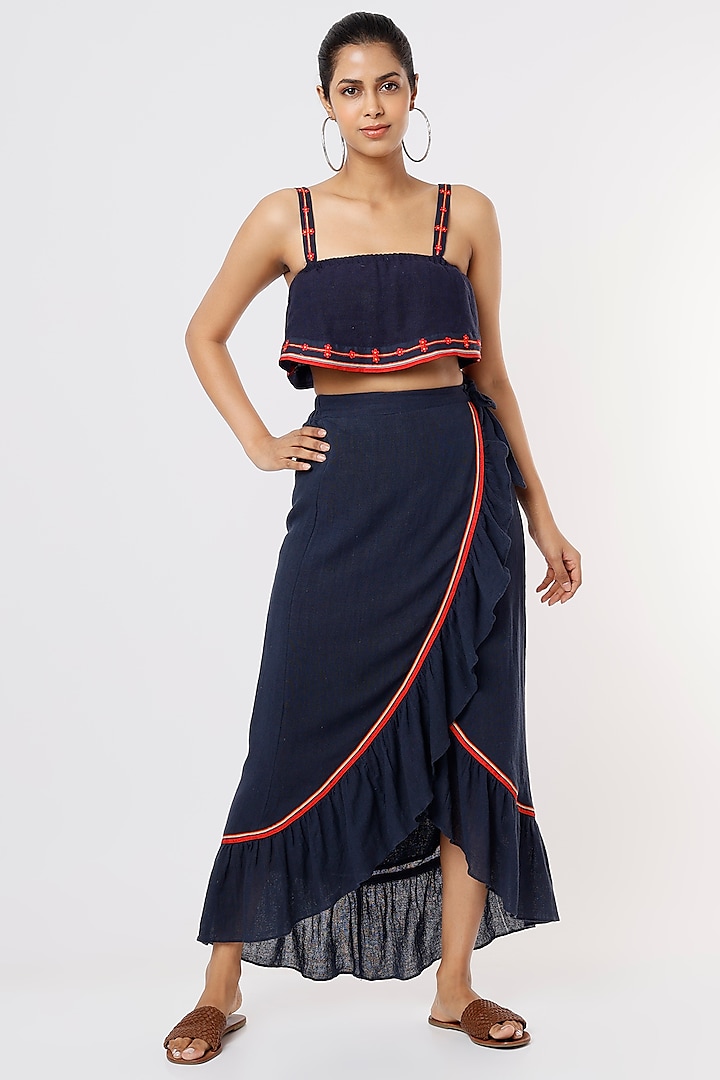 Navy Blue Embroidered Overlapped Skirt by IKSANA