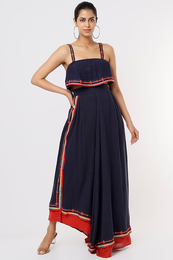 Navy Layered Embroidered Skirt by IKSANA