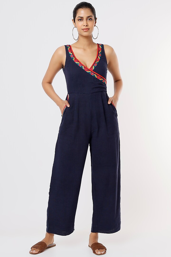 Navy Embroidered Jumpsuit by IKSANA