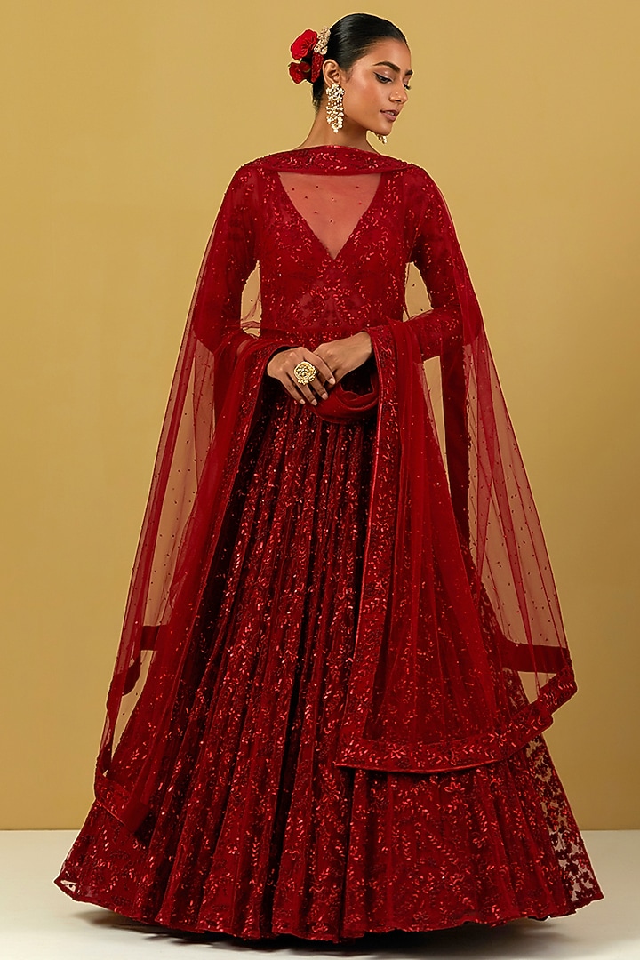 Red Hand Embroidered Wedding Gown With Dupatta by Ikshita Choudhary at Pernia's Pop Up Shop